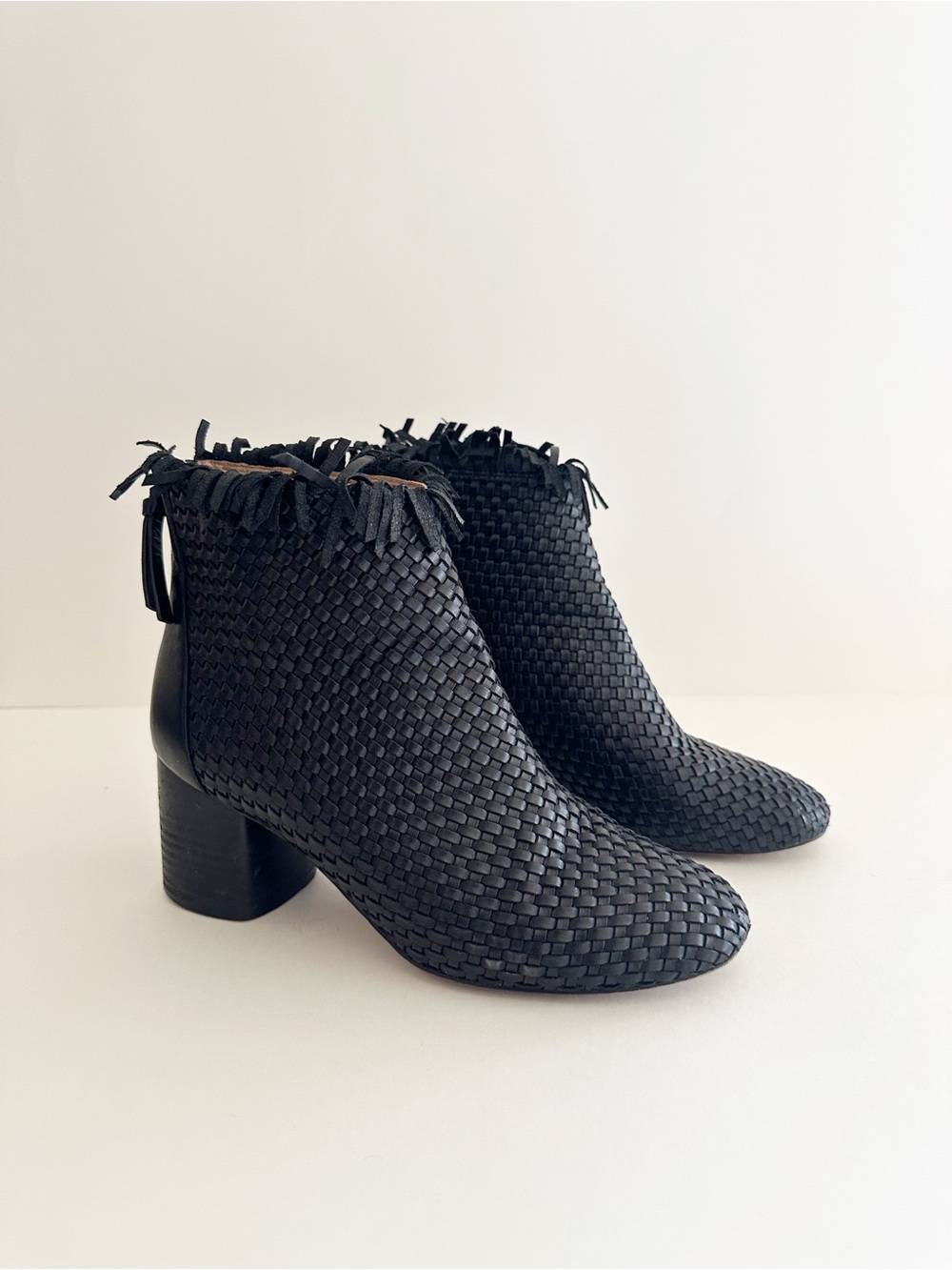 Linea Paolo Black Woven Leather fringe Sabina ankle boots